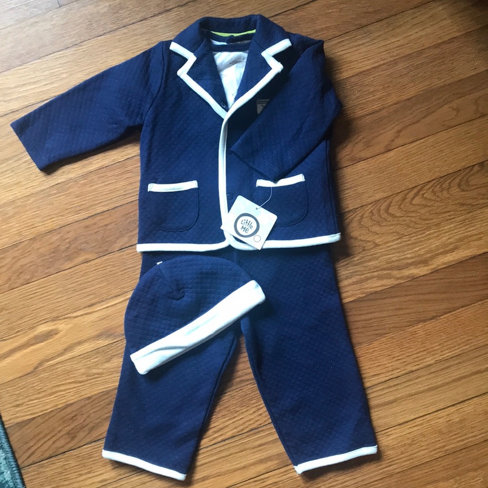 Little Me, 4 piece navy blue knit suit.